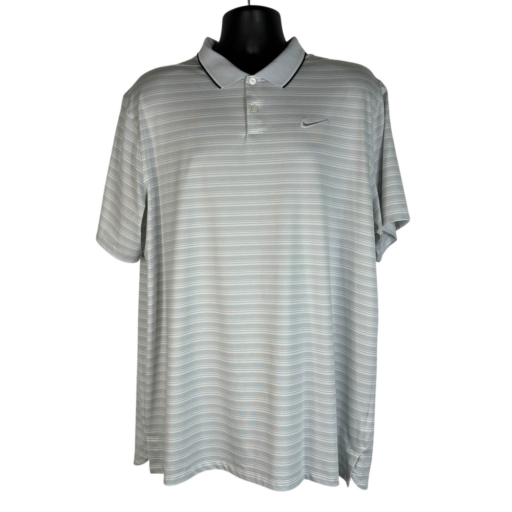 Nike Dri Fit Mens Polo Shirt Light Gray XL Stripe Embroidered Swoosh Performance